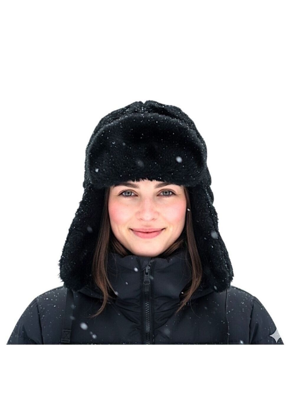 Y2K Canadian made black faux fur warm Yukon trapper winter ear flap hat 7 1/8